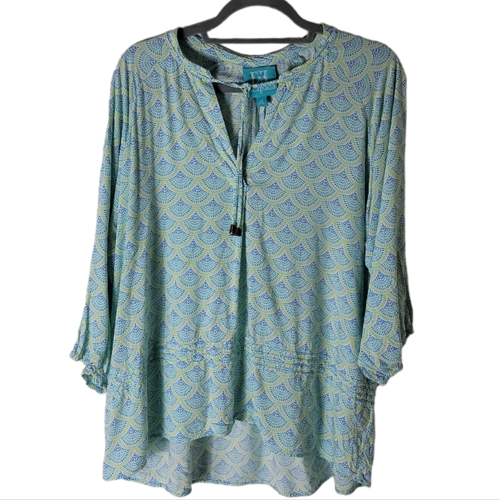 Escapada blue green white feometric printed high low tie neck top size XL
